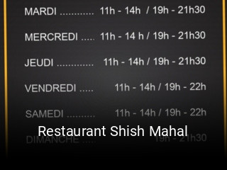 Restaurant Shish Mahal heures d'ouverture